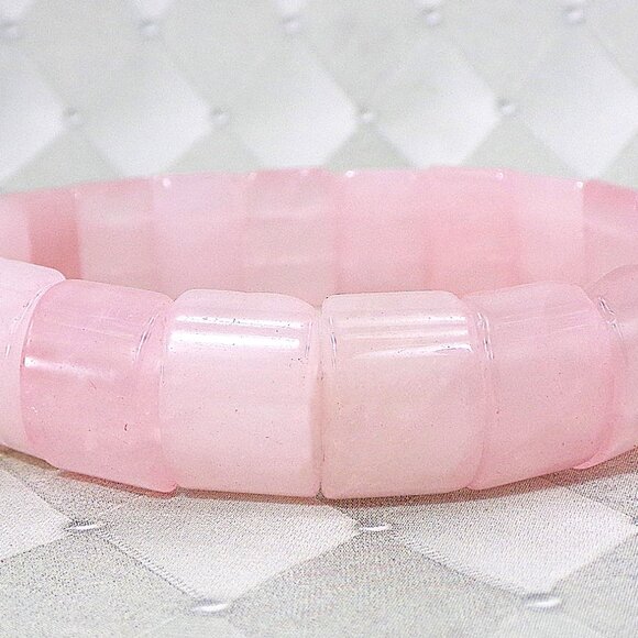 Pink rose quartz stone stretch bracelet with rectangle curved shaped stones - Picture 10 of 12